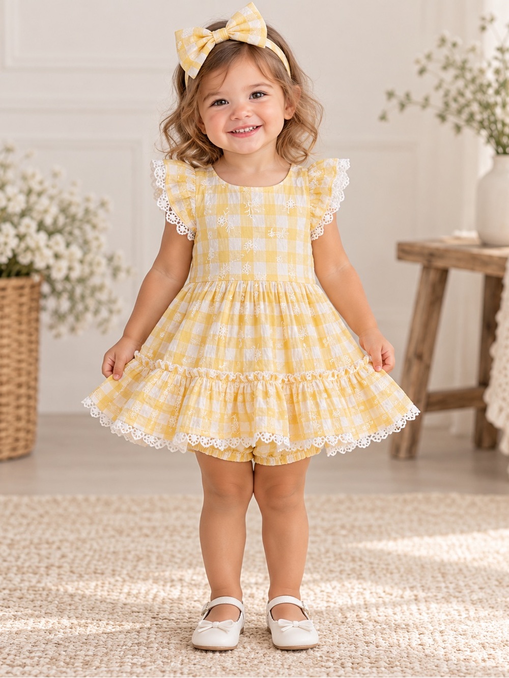 Rare Editions Yellow Gingham Dress Set 24M NWT Bloomers Headband
